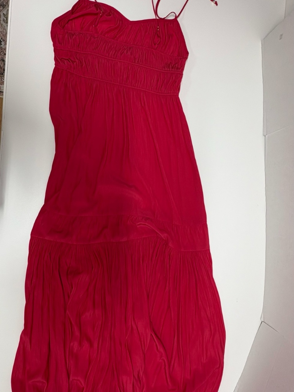 Unsubscribed Cranberry Red Crinkled Ruched Maxi Dress - Size XS. - Picture 13 of 16